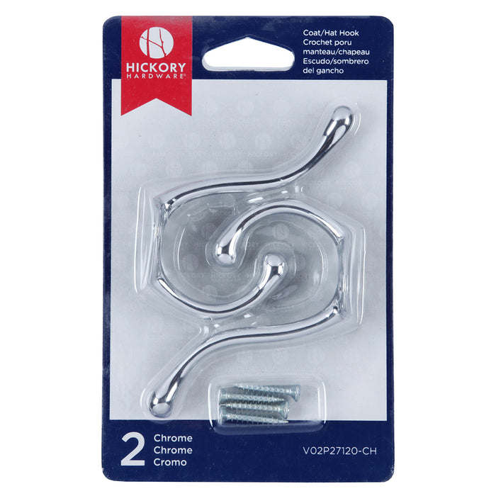 Hickory Hardware V02P27120-CH Universal Collection Coat Hook Double 5/8 Inch (16mm) Center to Center Chrome Finish (2 Pack)