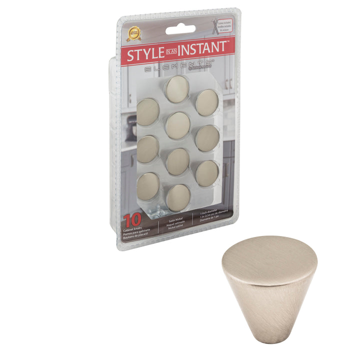 Elements 26SN-R Retail Pack Hardware Retail Pack Hardware 1" (25mm) Diameter Conical Knob Satin Nickel