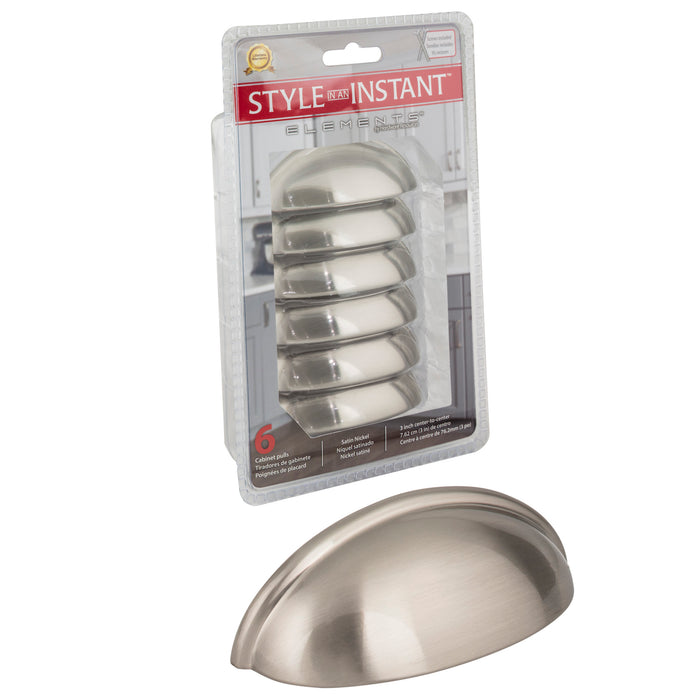 Elements 2981SN-R Retail Pack Hardware Retail Pack Hardware 3" (76mm) Center-to-Center Cup/Bin Pull Satin Nickel