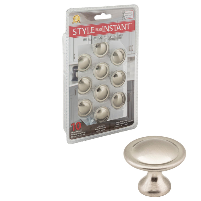 Elements 647SN-R Retail Pack Hardware Retail Pack Hardware 1-1/8" (29mm) Diameter Mushroom Knob Satin Nickel